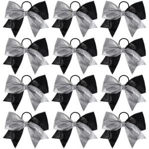 imageDEEKA 12 PCS 8quot Large Glitter Cheer Bows Shiny Cheer Hair Bows Ponytail Holder Handmade for Cheerleader Girls Softball Sports BlackSilverGlitter BlackSilver