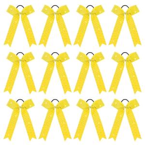 imageDEEKA 12 PCS Glitter Collegiate Style Cheer Bows Long Tail Full Rhinestones Skinny Shiny Cheer Bow Ponytail Holder Handmade Bows for Girls Teens Cheerleader Sports TealYellow