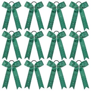 imageDEEKA 12 PCS Glitter Collegiate Style Cheer Bows Long Tail Full Rhinestones Skinny Shiny Cheer Bow Ponytail Holder Handmade Bows for Girls Teens Cheerleader Sports TealForest Green