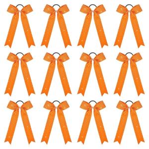 imageDEEKA 12 PCS Glitter Collegiate Style Cheer Bows Long Tail Full Rhinestones Skinny Shiny Cheer Bow Ponytail Holder Handmade Bows for Girls Teens Cheerleader Sports TealOrange