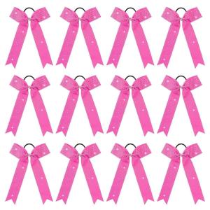 imageDEEKA 12 PCS Glitter Collegiate Style Cheer Bows Long Tail Full Rhinestones Skinny Shiny Cheer Bow Ponytail Holder Handmade Bows for Girls Teens Cheerleader Sports TealPink