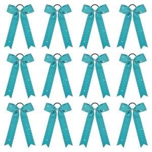 imageDEEKA 12 PCS Glitter Collegiate Style Cheer Bows Long Tail Full Rhinestones Skinny Shiny Cheer Bow Ponytail Holder Handmade Bows for Girls Teens Cheerleader Sports TealTeal