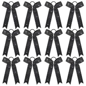 imageDEEKA 12 PCS Glitter Collegiate Style Cheer Bows Long Tail Full Rhinestones Skinny Shiny Cheer Bow Ponytail Holder Handmade Bows for Girls Teens Cheerleader Sports TealBlack