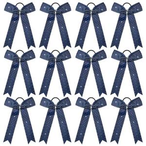 imageDEEKA 12 PCS Glitter Collegiate Style Cheer Bows Long Tail Full Rhinestones Skinny Shiny Cheer Bow Ponytail Holder Handmade Bows for Girls Teens Cheerleader Sports TealNavy Blue