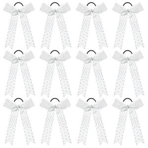 imageDEEKA 12 PCS Glitter Collegiate Style Cheer Bows Long Tail Full Rhinestones Skinny Shiny Cheer Bow Ponytail Holder Handmade Bows for Girls Teens Cheerleader Sports TealWhite