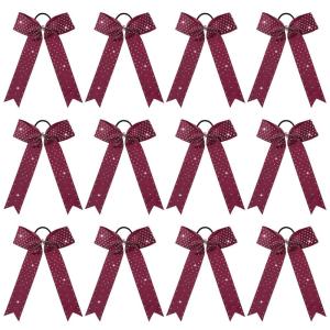 imageDEEKA 12 PCS Glitter Collegiate Style Cheer Bows Long Tail Full Rhinestones Skinny Shiny Cheer Bow Ponytail Holder Handmade Bows for Girls Teens Cheerleader Sports TealMaroonRhinestones