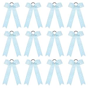 imageDEEKA 12 PCS Glitter Collegiate Style Cheer Bows Long Tail Full Rhinestones Skinny Shiny Cheer Bow Ponytail Holder Handmade Bows for Girls Teens Cheerleader Sports TealLight Blue