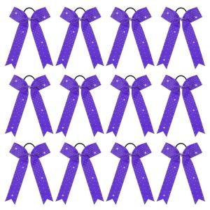 imageDEEKA 12 PCS Glitter Collegiate Style Cheer Bows Long Tail Full Rhinestones Skinny Shiny Cheer Bow Ponytail Holder Handmade Bows for Girls Teens Cheerleader Sports TealPurple