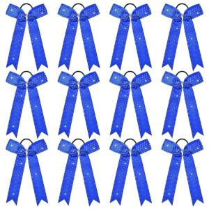 imageDEEKA 12 PCS Glitter Collegiate Style Cheer Bows Long Tail Full Rhinestones Skinny Shiny Cheer Bow Ponytail Holder Handmade Bows for Girls Teens Cheerleader Sports TealRoyal Blue