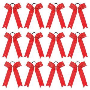 imageDEEKA 12 PCS Glitter Collegiate Style Cheer Bows Long Tail Full Rhinestones Skinny Shiny Cheer Bow Ponytail Holder Handmade Bows for Girls Teens Cheerleader Sports TealRed
