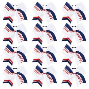 imageDEEKA 12 PCS Softball Cheer Bows 8quot Softball Thread Large Cheer Hair Bows Ponytail Holder Handmade for Teen Girls Sports Cheerleader Royal BlueBlackWhiteWhiteNavy BlueRed