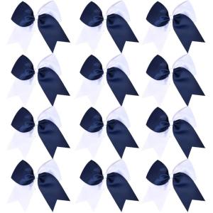 imageDEEKA 12PCS 8quot Two Toned Large Cheer Hair Bows Ponytail Holder Handmade for Teen Girls Softball Cheerleader SportsLight PinkBright PinkNavy BlueWhite Pack of 12