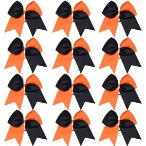imageDEEKA 12PCS 8quot Two Toned Large Cheer Hair Bows Ponytail Holder Handmade for Teen Girls Softball Cheerleader SportsLight PinkBright PinkOrangeBlack Pack of 12