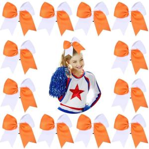 imageDEEKA 12PCS 8quot Two Toned Large Cheer Hair Bows Ponytail Holder Handmade for Teen Girls Softball Cheerleader SportsLight PinkBright PinkOrangeWhite Pack of 12
