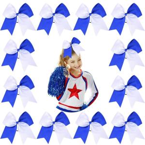imageDEEKA 12PCS 8quot Two Toned Large Cheer Hair Bows Ponytail Holder Handmade for Teen Girls Softball Cheerleader SportsLight PinkBright PinkRoyal BlueWhite Pack of 12