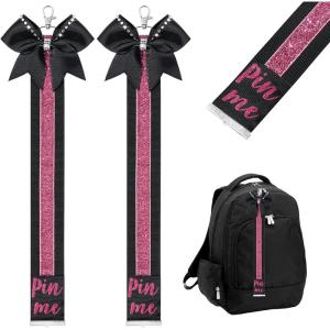 imageDEEKA 2 PCS Cheer Pin Strap Pin Me Ribbon for Backpack Glitter Cheerleader Keychain Cheer Gifts Bow HolderBlackGlitter Pink