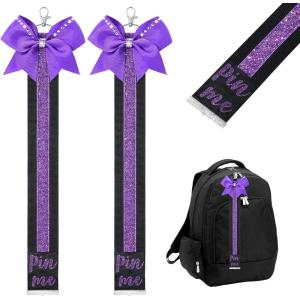 imageDEEKA 2 PCS Cheer Pin Strap Pin Me Ribbon for Backpack Glitter Cheerleader Keychain Cheer Gifts Bow HolderBlackGlitter Purple