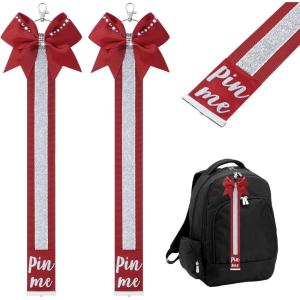 imageDEEKA 2 PCS Cheer Pin Strap Pin Me Ribbon for Backpack Glitter Cheerleader Keychain Cheer Gifts Bow HolderDark RedGlitter Silver
