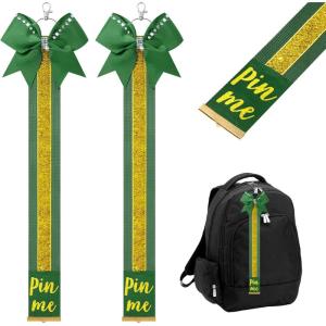 imageDEEKA 2 PCS Cheer Pin Strap Pin Me Ribbon for Backpack Glitter Cheerleader Keychain Cheer Gifts Bow HolderHunter GreenGlitter Gold