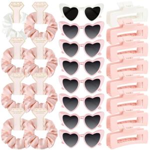 imageDEEKA 24 Pcs Margs and Matrimony Bachelorette Party Favors Decorations Bridesmaid Proposal Gifts Heart Sunglasses Hair Claw Clips Satin Scrunchies Accessories Set Bridal Party Wedding GiftsWhitePink