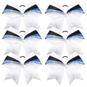 imageDEEKA 6 PCS 7quot Large Glitter Cheer Bows Three Colored Stiff Rhinestone Cheer Hair Bows Elastic Band Competition Bows for Cheerleader Softball Team Girls Sports GreenBlackWhiteGlitter WhiteRoyal BlueBlack