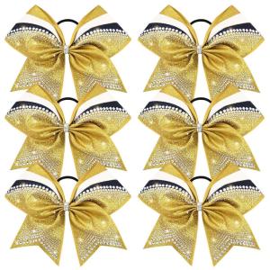 imageDEEKA 6 PCS 7quot Large Glitter Cheer Bows Three Colored Stiff Rhinestone Cheer Hair Bows Elastic Band Competition Bows for Cheerleader Softball Team Girls Sports GreenBlackWhiteGlitter GoldBlackWhite
