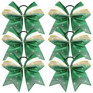imageDEEKA 6 PCS 7quot Large Glitter Cheer Bows Three Colored Stiff Rhinestone Cheer Hair Bows Elastic Band Competition Bows for Cheerleader Softball Team Girls Sports GreenBlackWhiteGlitter GreenGoldWhite