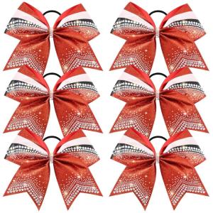 imageDEEKA 6 PCS 7quot Large Glitter Cheer Bows Three Colored Stiff Rhinestone Cheer Hair Bows Elastic Band Competition Bows for Cheerleader Softball Team Girls Sports GreenBlackWhiteGlitter RedBlackWhite