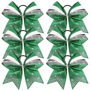 imageDEEKA 6 PCS 7quot Large Glitter Cheer Bows Three Colored Stiff Rhinestone Cheer Hair Bows Elastic Band Competition Bows for Cheerleader Softball Team Girls Sports GreenBlackWhiteGlitter GreenBlackWhite