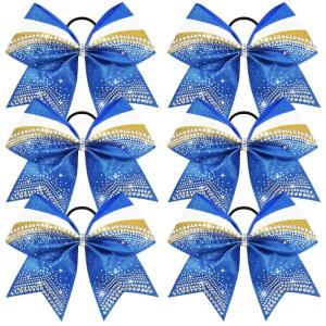 imageDEEKA 6 PCS 7quot Large Glitter Cheer Bows Three Colored Stiff Rhinestone Cheer Hair Bows Elastic Band Competition Bows for Cheerleader Softball Team Girls Sports GreenBlackWhiteGlitter Royal BlueYellowWhite