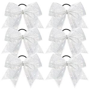 imageDEEKA 6PCS 8quot Large Glitter Black Cheer Bows with Full Shiny Rhinestones Multicolored Shimmer Cheer Hair Bows Elastic Band Ponytail Holder for Cheerleader Girls SportsBlackGlitter WhiteFull Rhinestone
