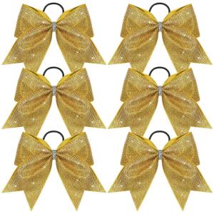 imageDEEKA 6PCS 8quot Large Glitter Black Cheer Bows with Full Shiny Rhinestones Multicolored Shimmer Cheer Hair Bows Elastic Band Ponytail Holder for Cheerleader Girls SportsBlackGlitter GoldFull Rhinestone