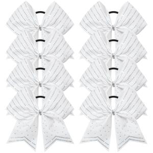 imageDEEKA 8PCS Royal Blue Stripes Glitter Cheer Bows with Iridescent Rhinestones Large 8quot Competition Cheer Hair Bows Elastic Band Ponytail Holder for Cheerleader Girls Softball Football Sports BlueWhite