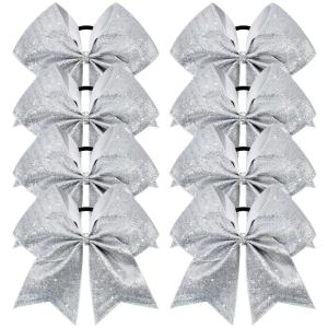imageDEEKA 8PCS Royal Blue Stripes Glitter Cheer Bows with Iridescent Rhinestones Large 8quot Competition Cheer Hair Bows Elastic Band Ponytail Holder for Cheerleader Girls Softball Football Sports BlueSilver