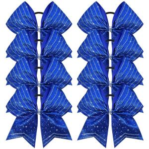 imageDEEKA 8PCS Royal Blue Stripes Glitter Cheer Bows with Iridescent Rhinestones Large 8quot Competition Cheer Hair Bows Elastic Band Ponytail Holder for Cheerleader Girls Softball Football Sports BlueRoyal Blue