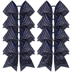 imageDEEKA 8PCS Royal Blue Stripes Glitter Cheer Bows with Iridescent Rhinestones Large 8quot Competition Cheer Hair Bows Elastic Band Ponytail Holder for Cheerleader Girls Softball Football Sports BlueNavy Blue