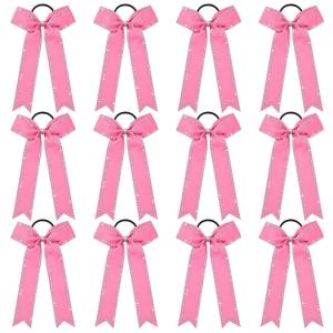 imageDEEKA Long Tail Rhinestones Cheer Bows 12 PCS Collegiate Style Cheer Bows Full Rhinestone Skinny Cheer Bow Ponytail Holder Handmade Bows for Girls Teens Cheerleader Sports WhiteHot Pink
