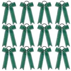 imageDEEKA Long Tail Rhinestones Cheer Bows 12 PCS Collegiate Style Cheer Bows Full Rhinestone Skinny Cheer Bow Ponytail Holder Handmade Bows for Girls Teens Cheerleader Sports WhiteDark Green