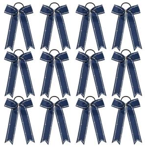 imageDEEKA Long Tail Rhinestones Cheer Bows 12 PCS Collegiate Style Cheer Bows Full Rhinestone Skinny Cheer Bow Ponytail Holder Handmade Bows for Girls Teens Cheerleader Sports WhiteNavy Blue
