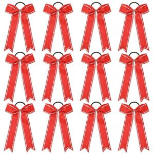 imageDEEKA Long Tail Rhinestones Cheer Bows 12 PCS Collegiate Style Cheer Bows Full Rhinestone Skinny Cheer Bow Ponytail Holder Handmade Bows for Girls Teens Cheerleader Sports WhiteRed
