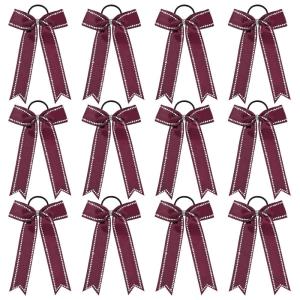 imageDEEKA Long Tail Rhinestones Cheer Bows 12 PCS Collegiate Style Cheer Bows Full Rhinestone Skinny Cheer Bow Ponytail Holder Handmade Bows for Girls Teens Cheerleader Sports WhiteMaroon