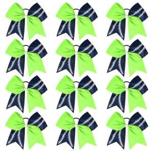 imageDEEKA 12 PCS Softball Cheer Bows with 2 Glitter Stitching Cheerleader Team Bows Elastic Band for Softball Sports Girls Neon YellowRed StitchingAcid GreenNavy BlueWhite Stitching