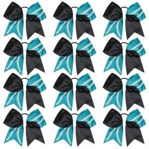 imageDEEKA 12 PCS Softball Cheer Bows with 2 Glitter Stitching Cheerleader Team Bows Elastic Band for Softball Sports Girls Neon YellowRed StitchingBlackTealWhite Stitching