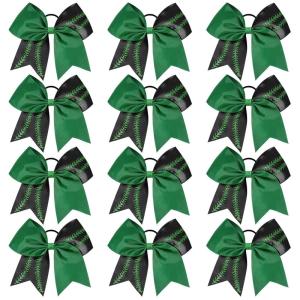 imageDEEKA 12 PCS Softball Cheer Bows with 2 Glitter Stitching Cheerleader Team Bows Elastic Band for Softball Sports Girls Neon YellowRed StitchingGreenBlackGreen Stitching