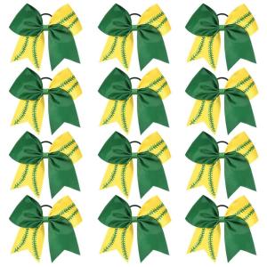 imageDEEKA 12 PCS Softball Cheer Bows with 2 Glitter Stitching Cheerleader Team Bows Elastic Band for Softball Sports Girls Neon YellowRed StitchingGreenYellowGreen Stitching