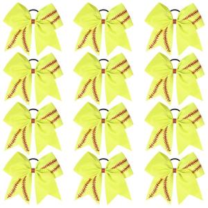 imageDEEKA 12 PCS Softball Cheer Bows with 2 Glitter Stitching Cheerleader Team Bows Elastic Band for Softball Sports Girls Neon YellowRed StitchingNeon YellowRed Stitching