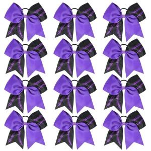 imageDEEKA 12 PCS Softball Cheer Bows with 2 Glitter Stitching Cheerleader Team Bows Elastic Band for Softball Sports Girls Neon YellowRed StitchingPurpleBlackPurple Stitching