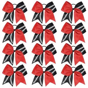 imageDEEKA 12 PCS Softball Cheer Bows with 2 Glitter Stitching Cheerleader Team Bows Elastic Band for Softball Sports Girls Neon YellowRed StitchingRedBlackWhite Stitching