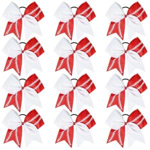imageDEEKA 12 PCS Softball Cheer Bows with 2 Glitter Stitching Cheerleader Team Bows Elastic Band for Softball Sports Girls Neon YellowRed StitchingWhiteRedWhite Stitching