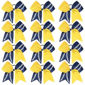 imageDEEKA 12 PCS Softball Cheer Bows with 2 Glitter Stitching Cheerleader Team Bows Elastic Band for Softball Sports Girls Neon YellowRed StitchingYellowNavy BlueWhite Stitching
